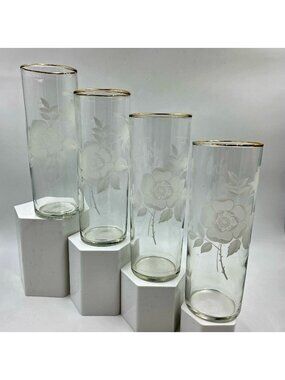 Etched Rose Floral Design with Gold Rim Set of 4 Tall Drink Glass
